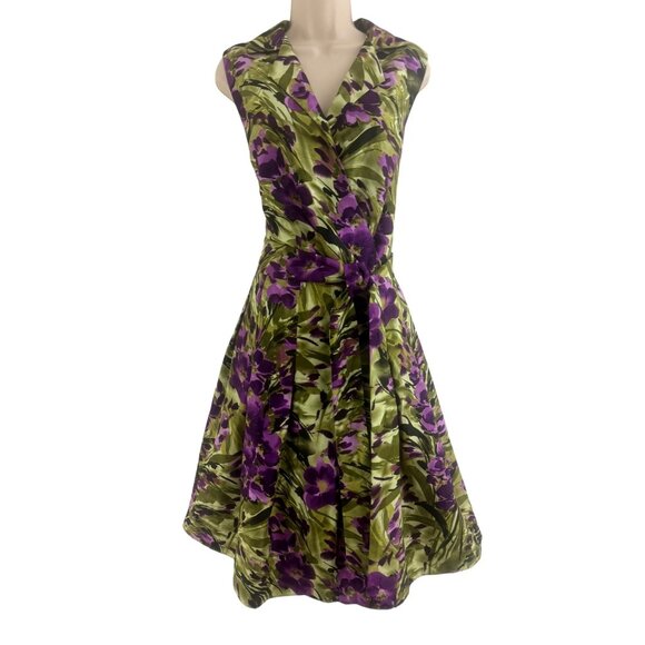 Green Purple Floral Print Fit & Flare Dress w/Tie Size 14W 1X Fall Wedding Party - Picture 1 of 6